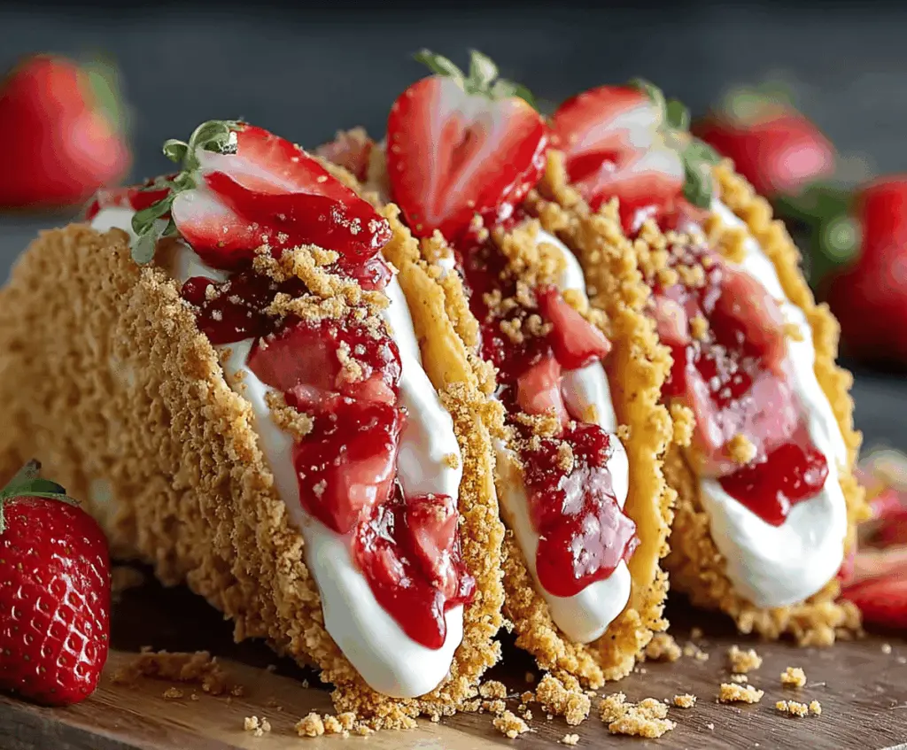 Delicious strawberry crunch cheesecake tacos with fresh strawberries, creamy cheesecake filling, and crunchy cookie topping served on a plate.