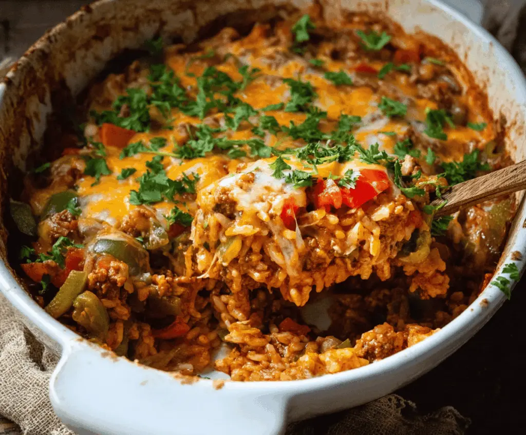 Delicious Stuffed Pepper Casserole topped with melted cheese, featuring vibrant bell peppers, ground meat, and fresh herbs for a hearty, flavorful meal.