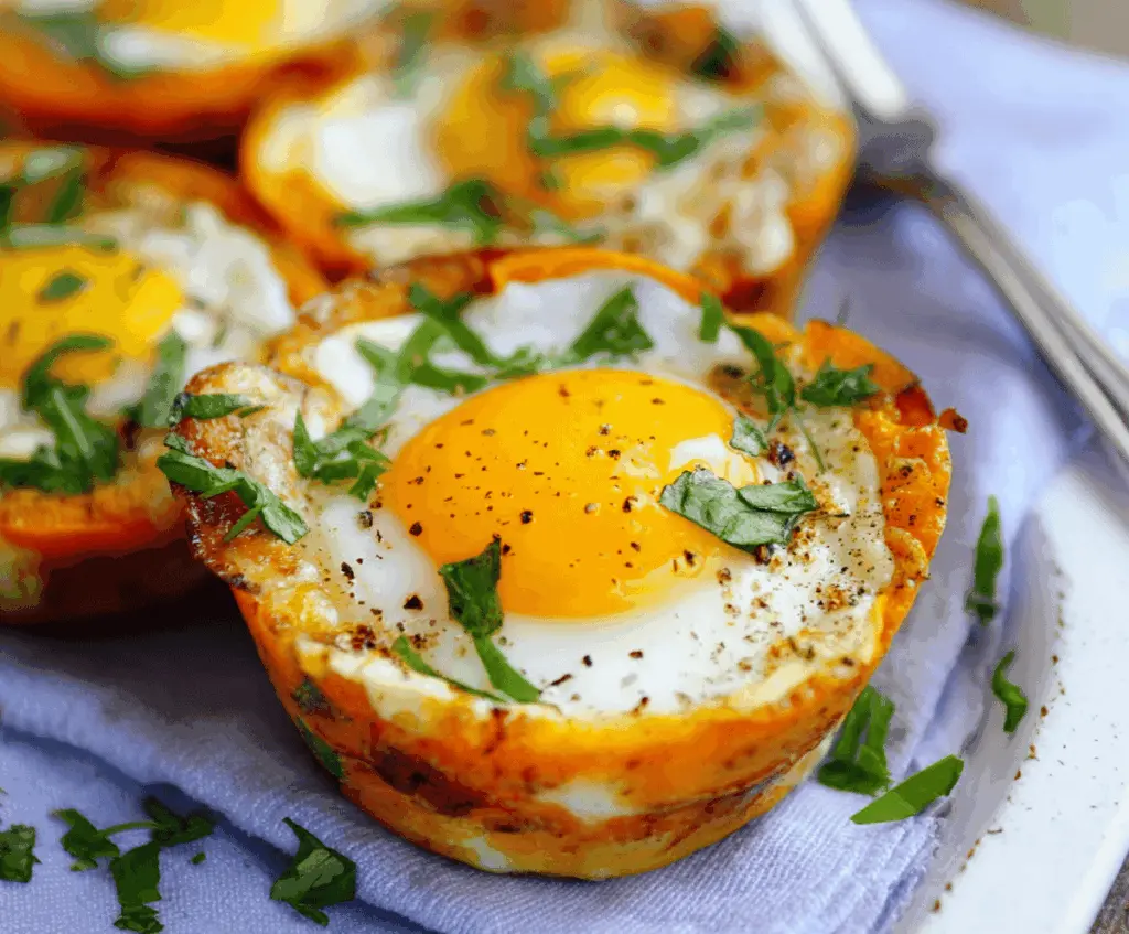 Delicious sweet potato baked egg cups on a plate, perfect for a healthy breakfast.