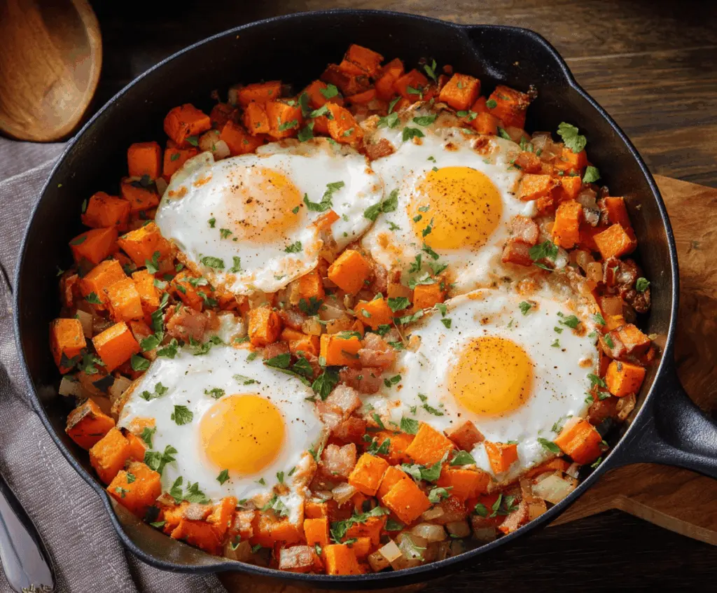 Colorful sweet potato breakfast hash with eggs, featuring diced sweet potatoes, sautéed vegetables, and a perfectly cooked fried egg on top—healthy and delicious morning meal.