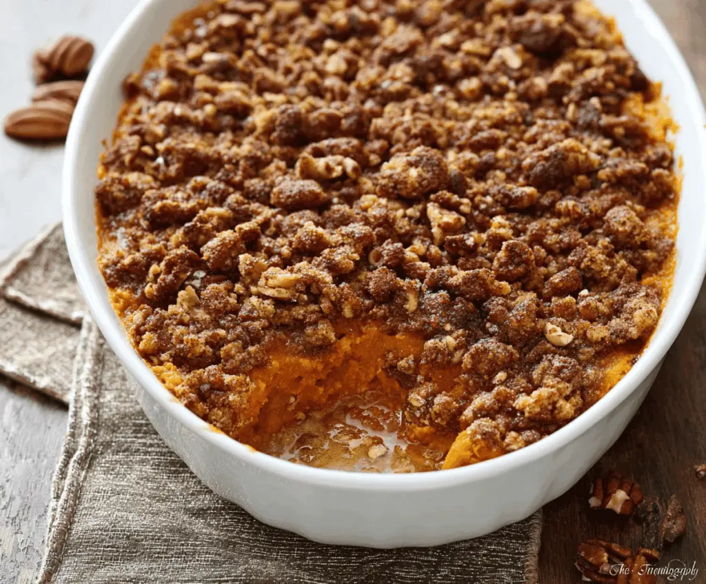 Sweet Potato Casserole with Pecan Streusel topped with marshmallows, perfect for Thanksgiving dinner
