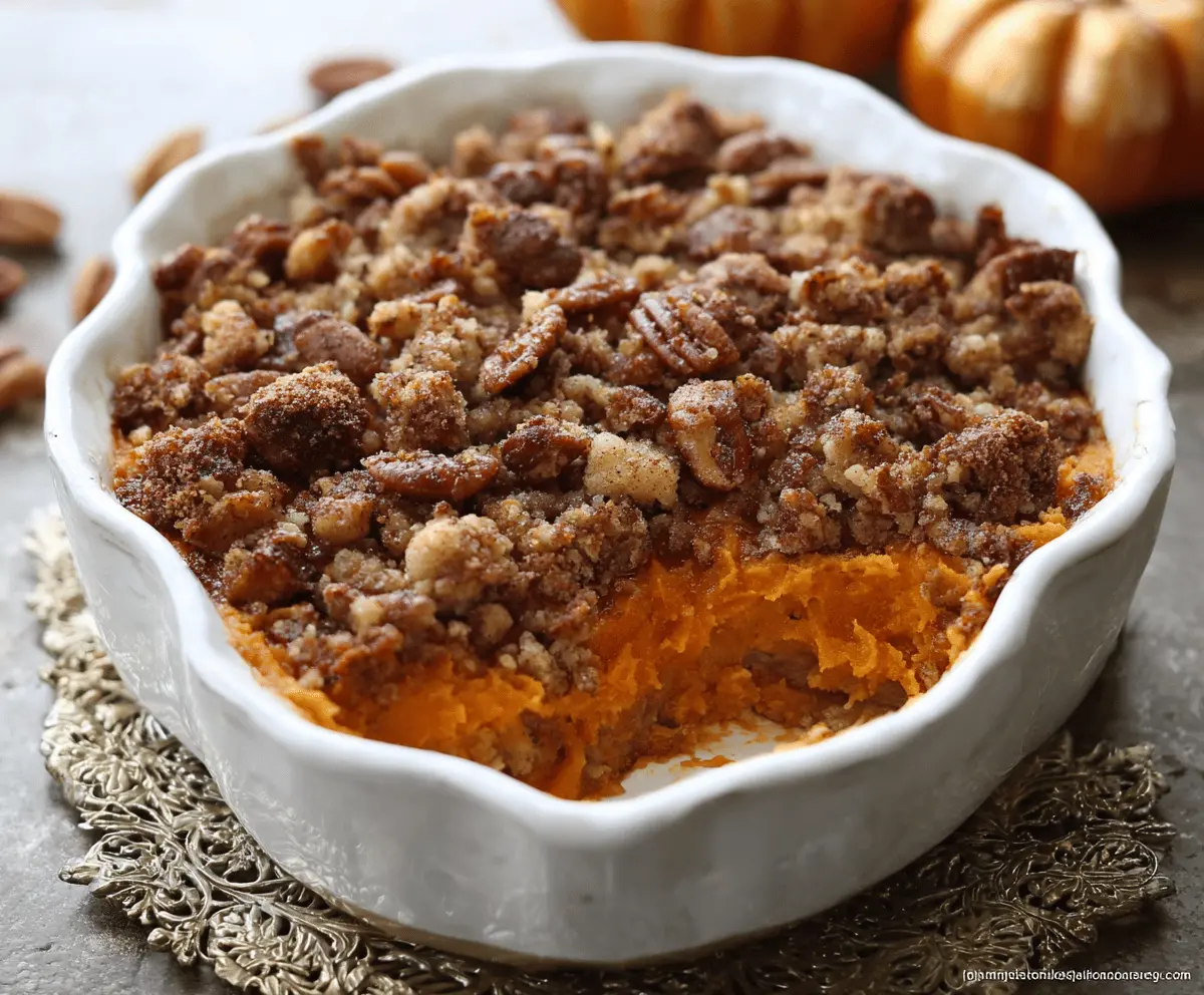 Sweet potato casserole topped with pecan streusel