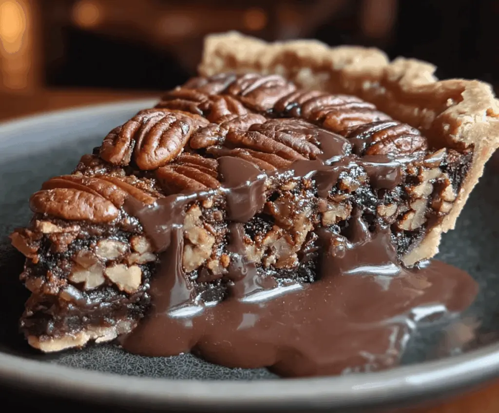 Delicious homemade Texas Chocolate Pecan Pie topped with whipped cream and pecans, served on a rustic wooden table