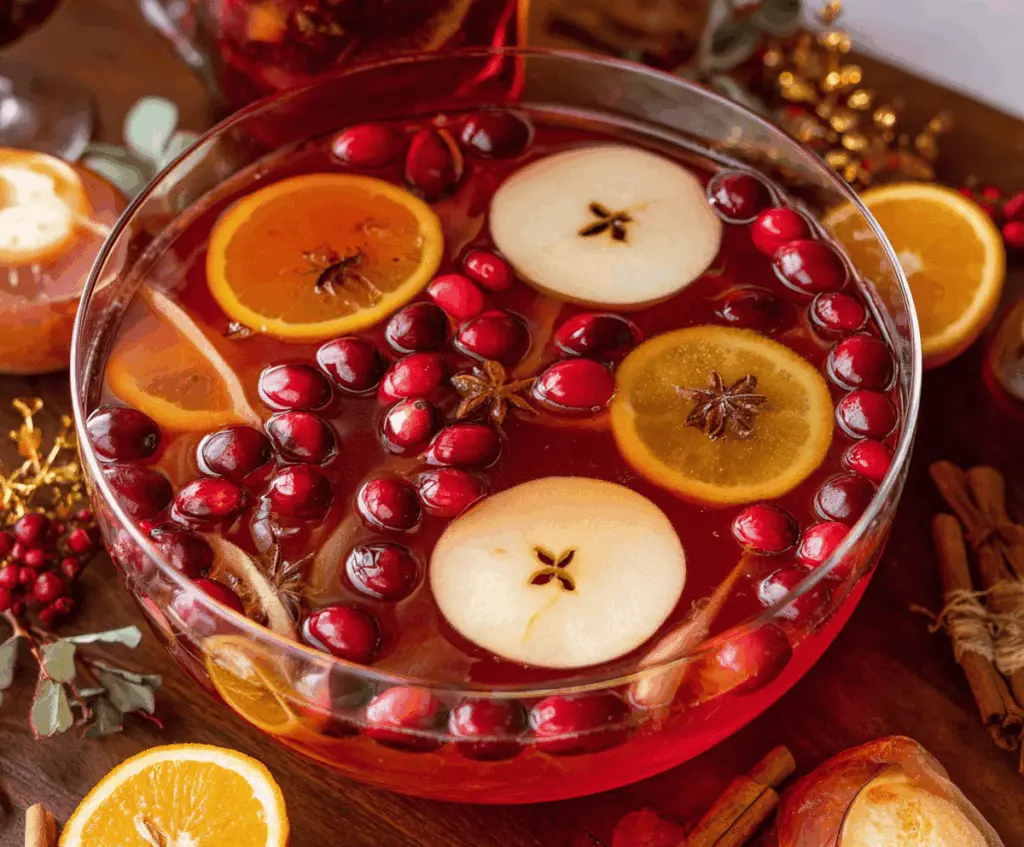 A vibrant glass of Thanksgiving Punch garnished with fresh fruit slices and mint leaves, perfect for holiday celebrations