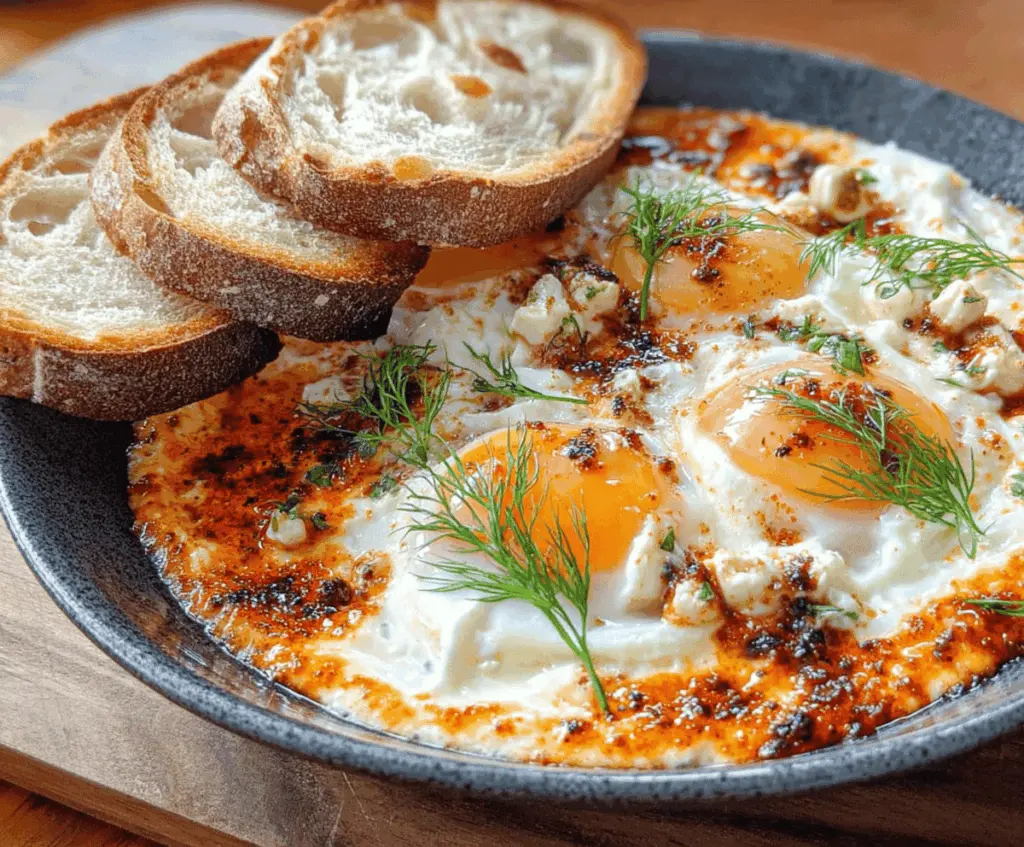 Creamy Turkish Eggs Cilbir with poached eggs, yogurt, melted butter, and paprika served on a rustic plate, perfect for breakfast or brunch