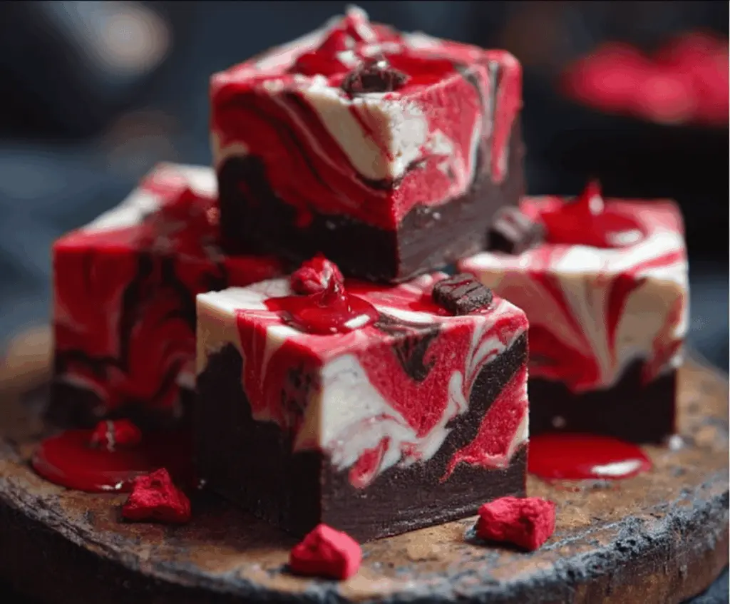 Delicious Vampire Fudge Recipe featuring rich, dark chocolate with red berry accents, perfect for Halloween treats.