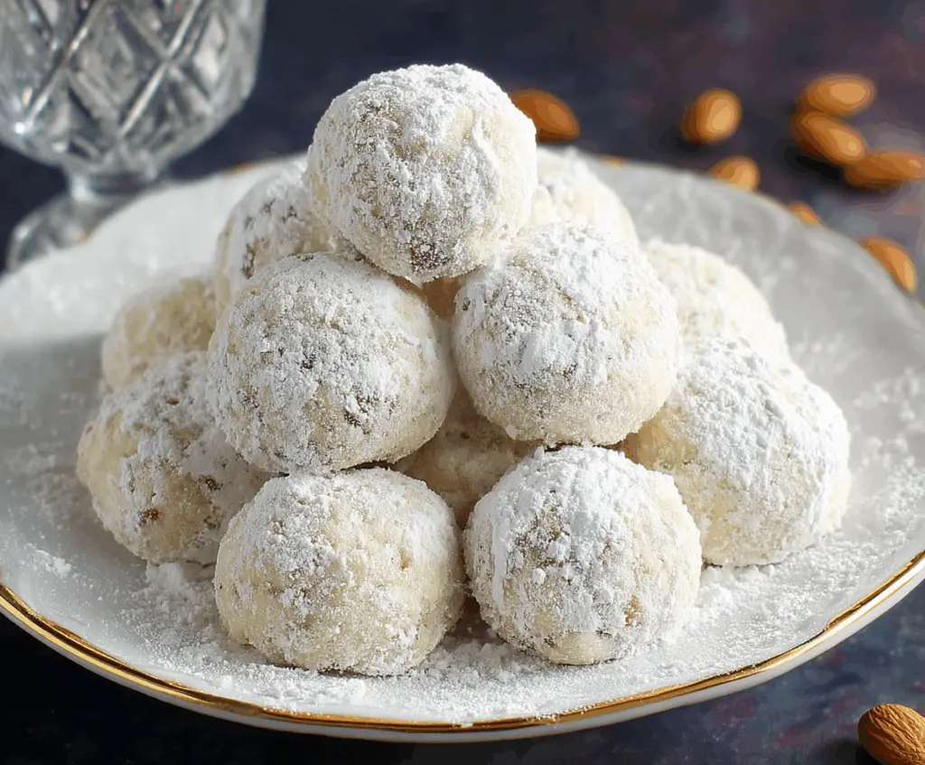 Delicious almond snowball cookies coated in powdered sugar, perfect for the holidays.