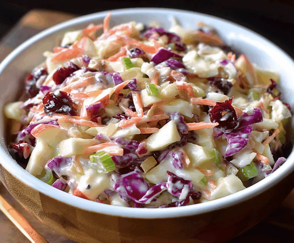 Fresh Apple Cranberry Coleslaw served as a vibrant side dish with sliced apples, cranberries, and crunchy cabbage.
