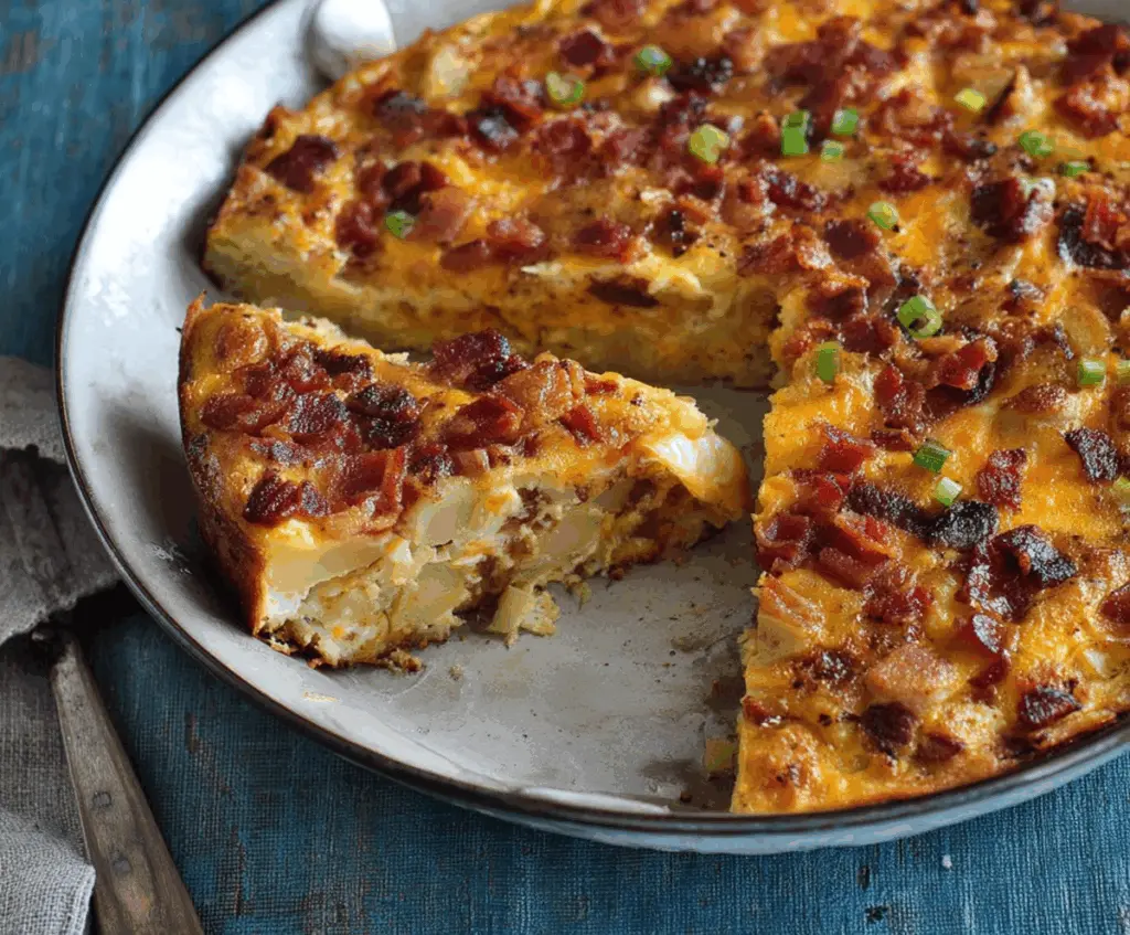 Delicious Bacon Potato Egg Breakfast Casserole fresh out of the oven with crispy bacon and golden potatoes.