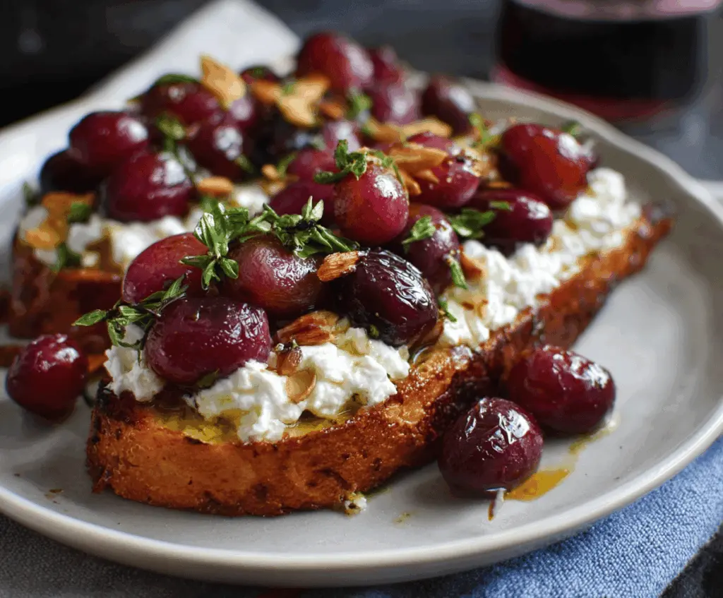 Delicious baked grapes with creamy whipped feta on crispy bruschetta for a flavorful appetizer.