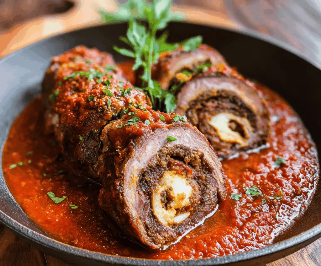 Delicious beef braciole rolled with herbs and cheese, cooked to perfection.
