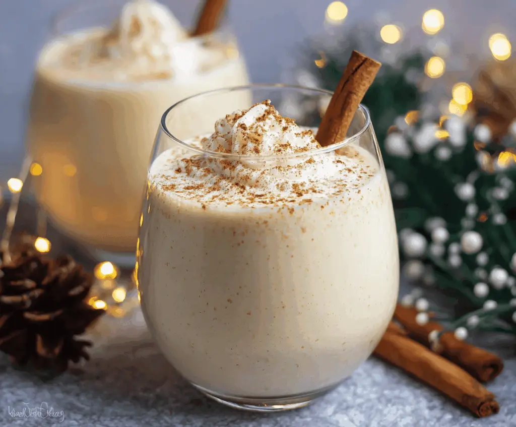 Creamy homemade eggnog served in a festive glass with nutmeg topping for holiday cheer.
