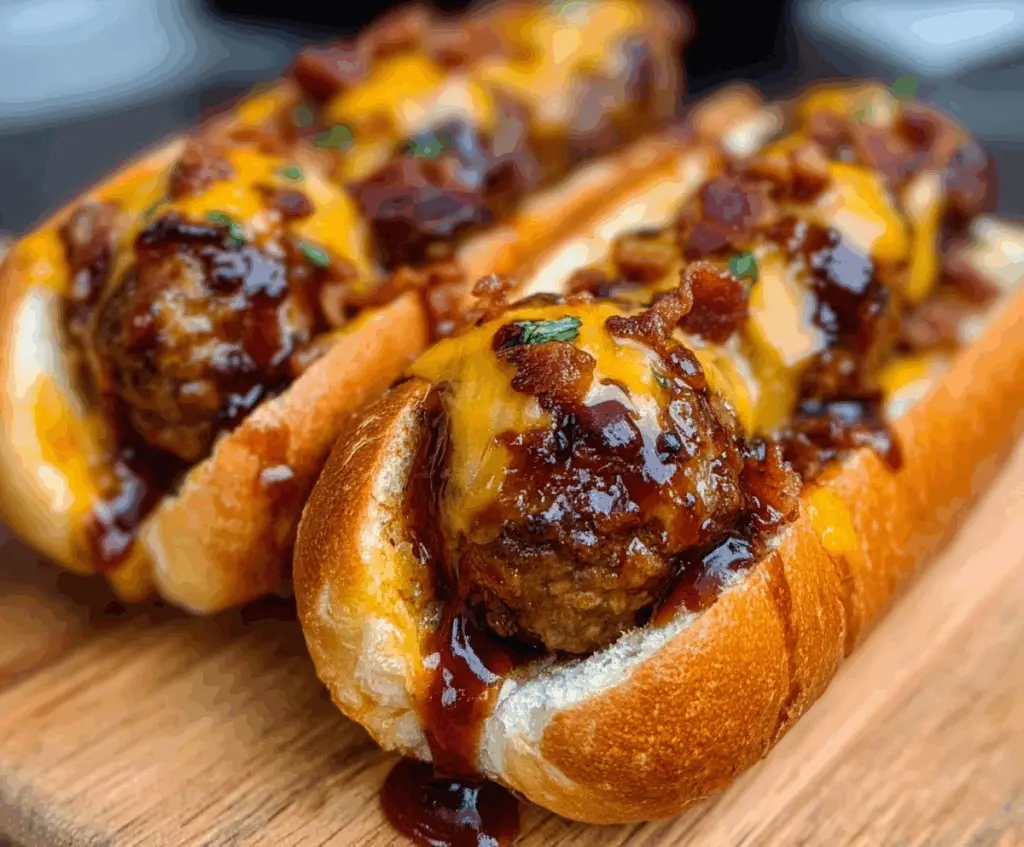 Delicious Bourbon BBQ Bacon Cheeseburger Meatball Subs topped with melted cheese and crispy bacon.