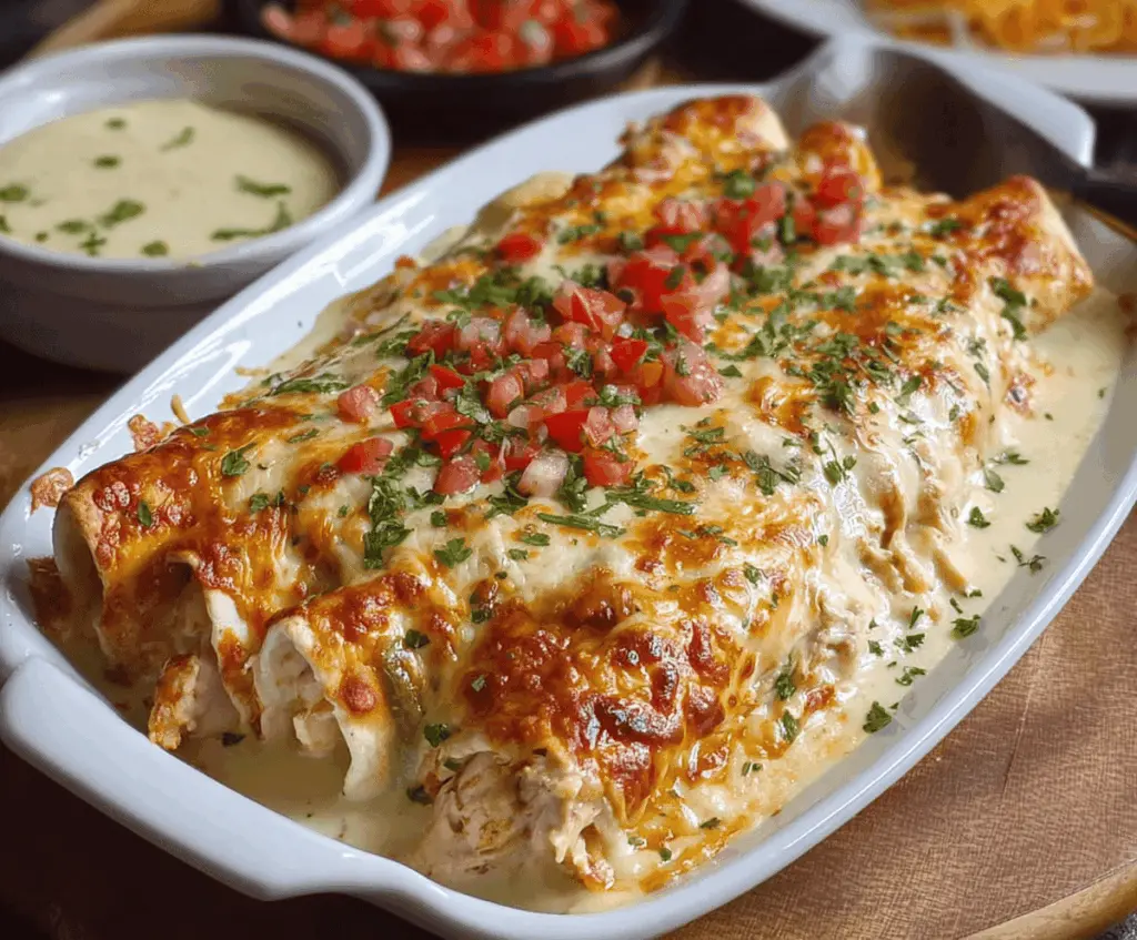 Delicious cheesy chicken enchiladas topped with creamy sauce on a plate.