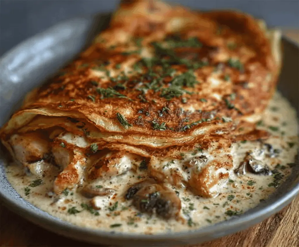 Delicious chicken and mushroom crepe bake with golden browned top, perfect for a savory meal.