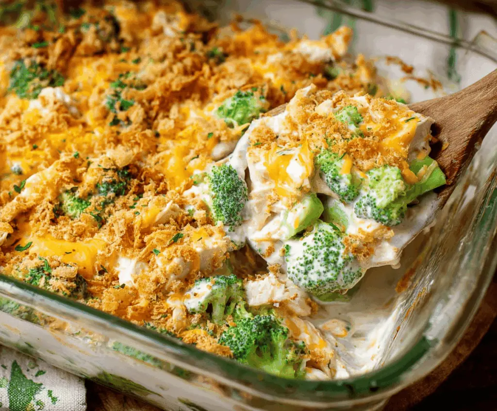 Creamy chicken Divan casserole topped with cheese and broccoli in a baking dish.