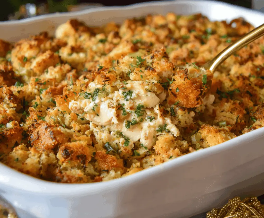 Delicious chicken stuffing casserole topped with golden crust in a baking dish.