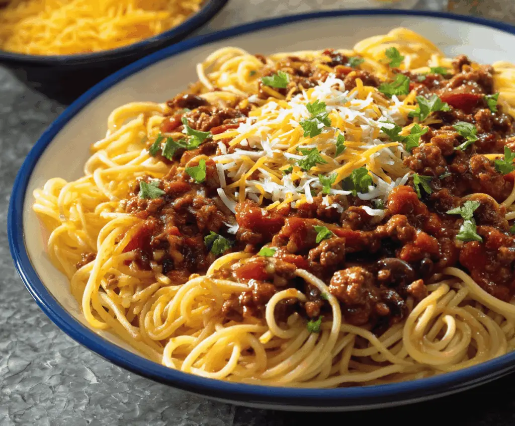 Delicious chili spaghetti recipe served in a white bowl with fresh herbs on top.