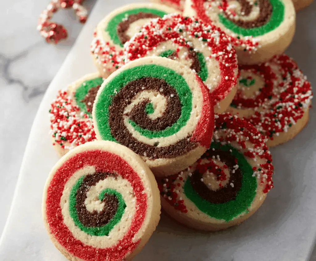 Festive Christmas Pinwheel Cookies with colorful swirls on a holiday plate.