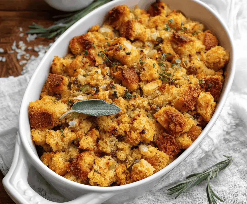 Delicious cornbread stuffing with herbs and savory ingredients, perfect for holiday dinners.