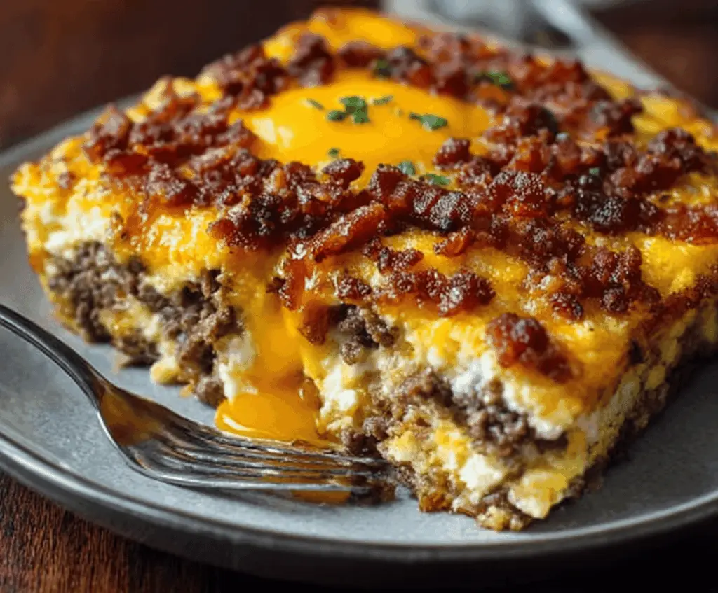 Delicious Crack Breakfast Casserole with eggs, cheese, and sausage served in a baking dish.