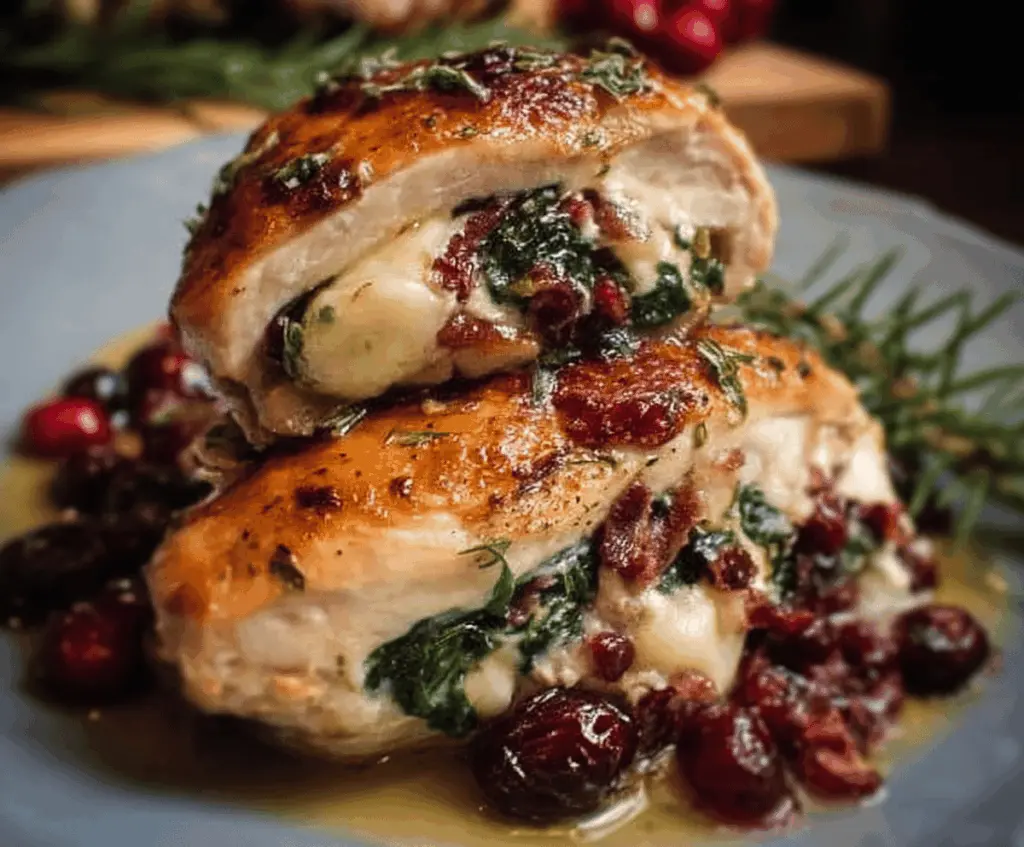 Juicy stuffed chicken breast filled with cranberry, spinach, and melted Brie cheese on a plate.