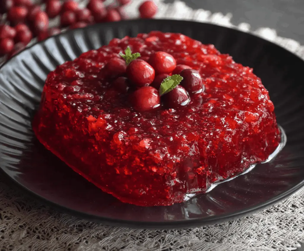 Colorful cranberry jello salad with fresh cranberries and whipped cream on a serving dish