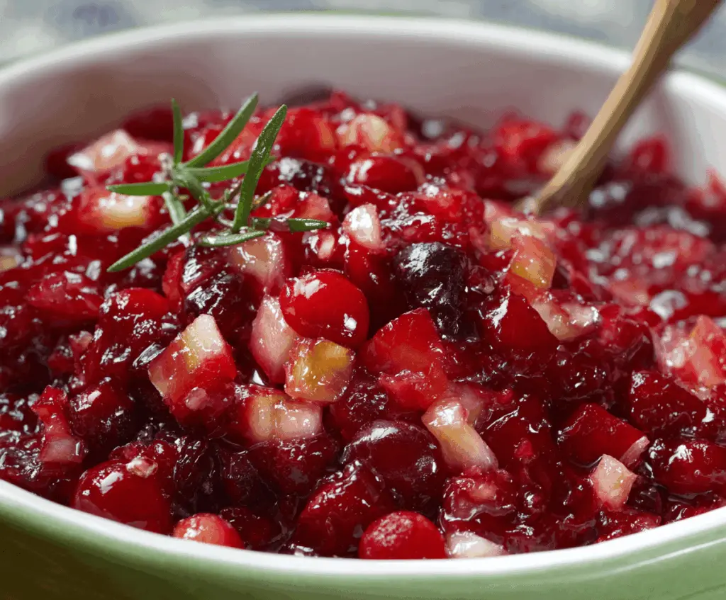 Colorful cranberry salad with fresh cranberries, chopped nuts, and mint leaves in a glass bowl