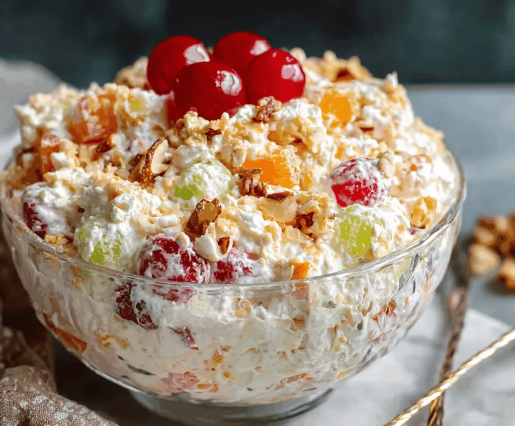 Creamy Ambrosia Salad, a classic Southern dessert with whipped cream, maraschino cherries, and flaked coconut.