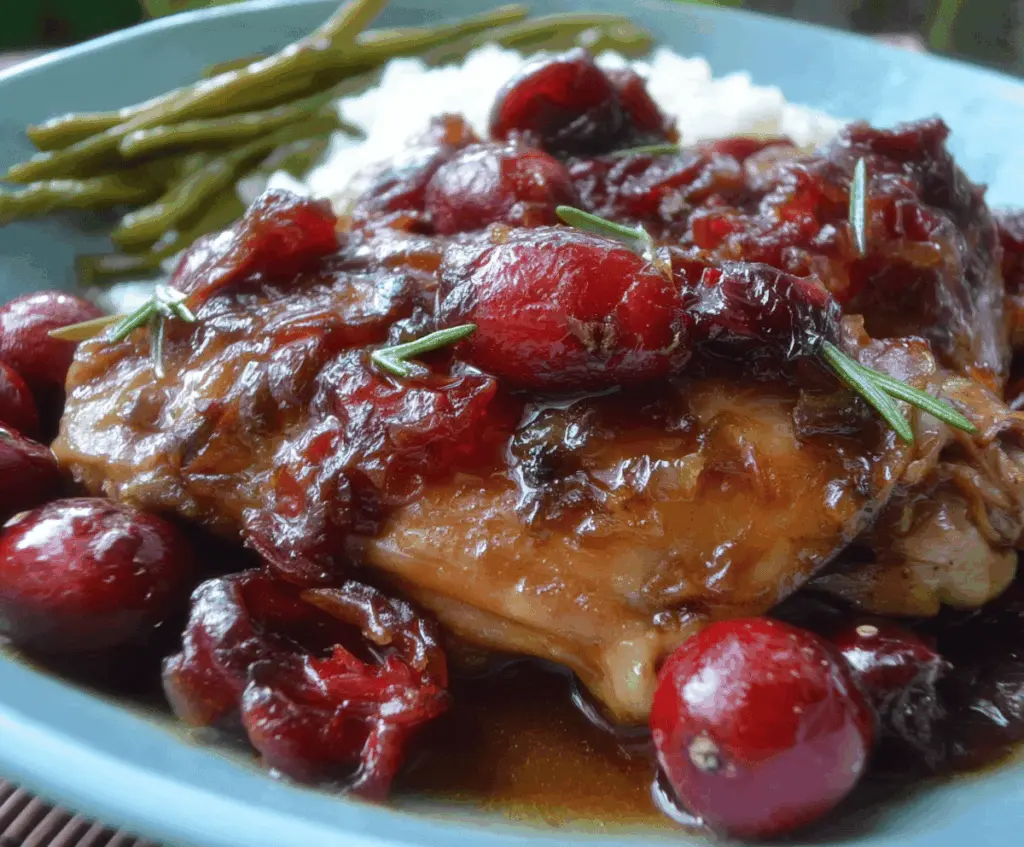 Juicy slow cooker cranberry chicken with fresh cranberries and herbs