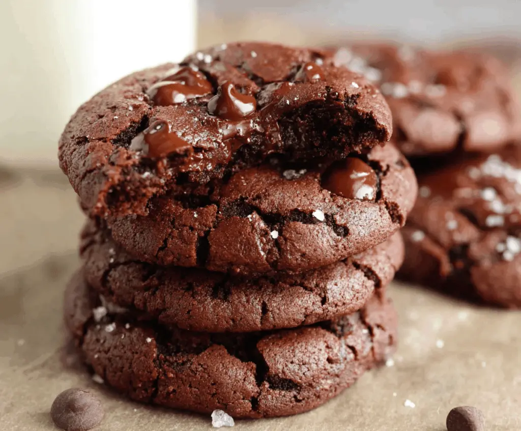 Homemade double chocolate chip cookies fresh out of the oven, showcasing a rich and gooey texture.