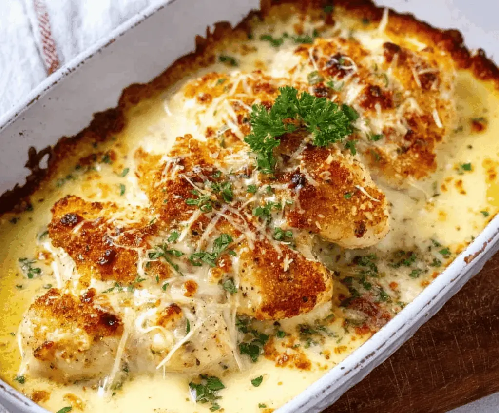 Delicious creamy baked Asiago chicken served on a white plate with fresh herbs.
