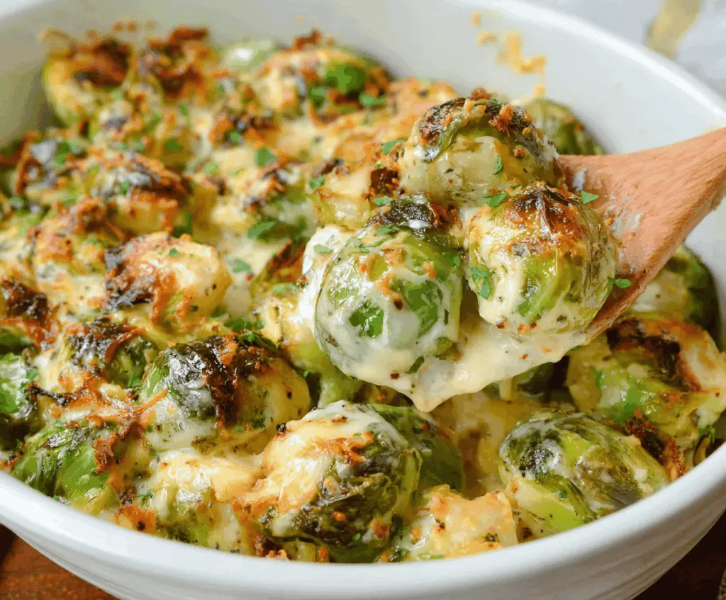 Delicious easy creamy baked Brussels sprouts served as a healthy side dish.