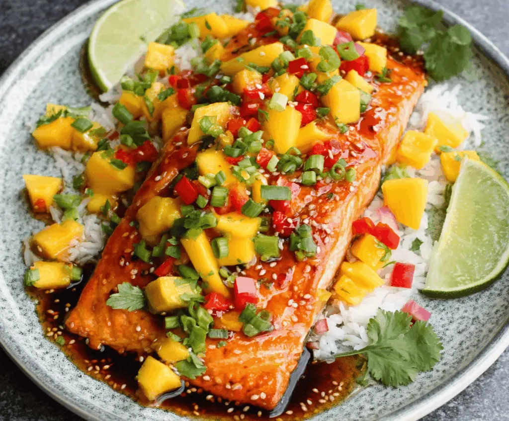 Delicious easy mango teriyaki salmon served with fresh mango slices and vibrant vegetables.