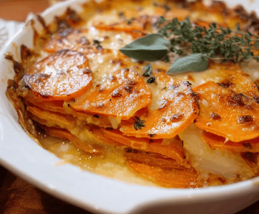 Creamy and cheesy easy sweet potato gratin served in a rustic dish, perfect for comfort food lovers.