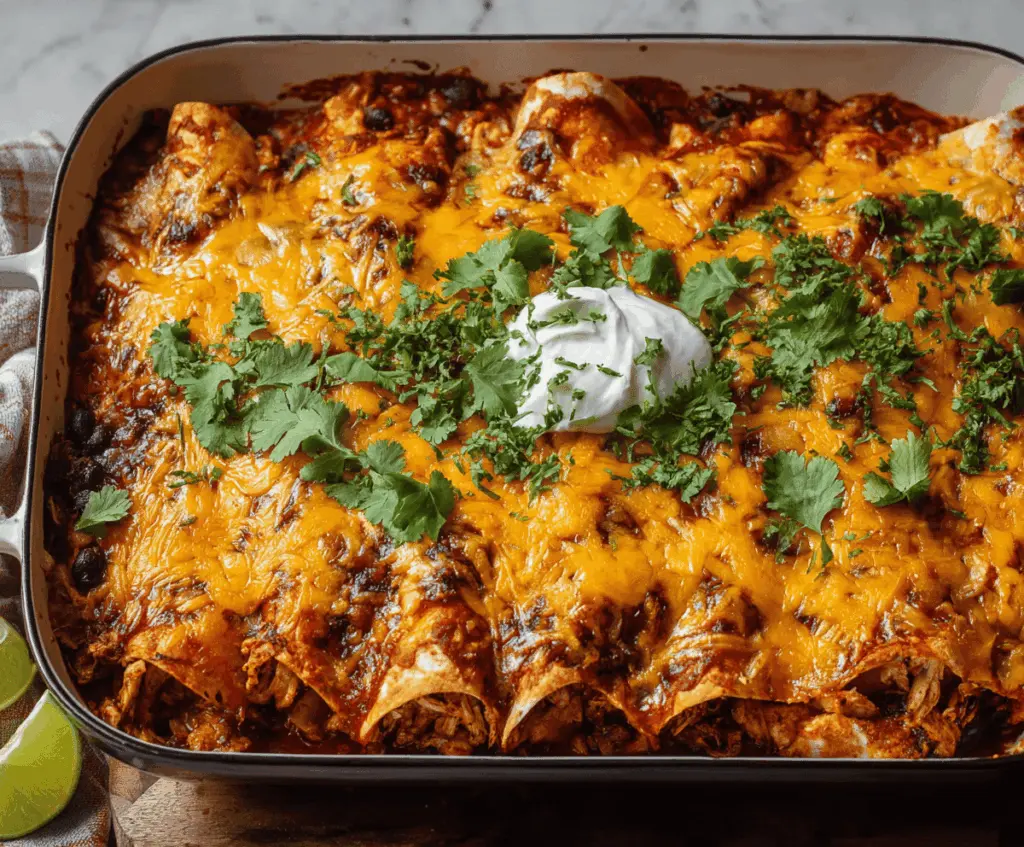 Delicious easy turkey enchiladas topped with melted cheese and fresh herbs on a white plate.
