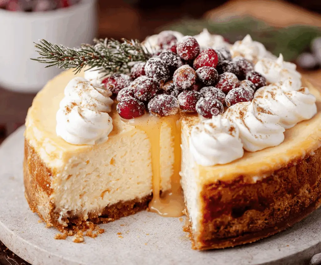 Creamy Eggnog Christmas Cheesecake topped with festive spices and whipped cream, perfect for holiday celebrations.