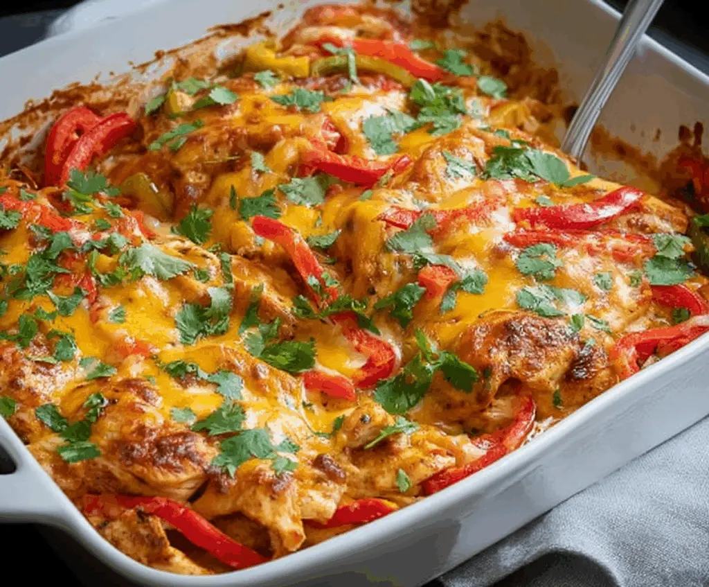 Delicious fajita chicken casserole with melted cheese and colorful vegetables on a serving dish