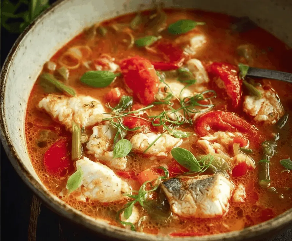 Delicious homemade fish soup recipe with fresh ingredients and vibrant flavors.