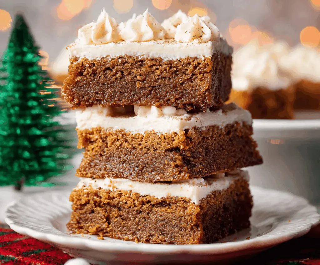 Delicious homemade gingerbread bars with a spiced, sticky glaze and festive decorations