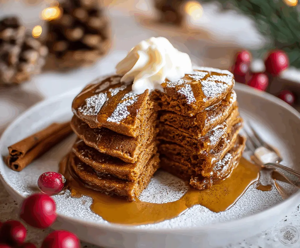 Delicious gingerbread pancakes topped with whipped cream and a dash of cinnamon, perfect for breakfast during the holidays.
