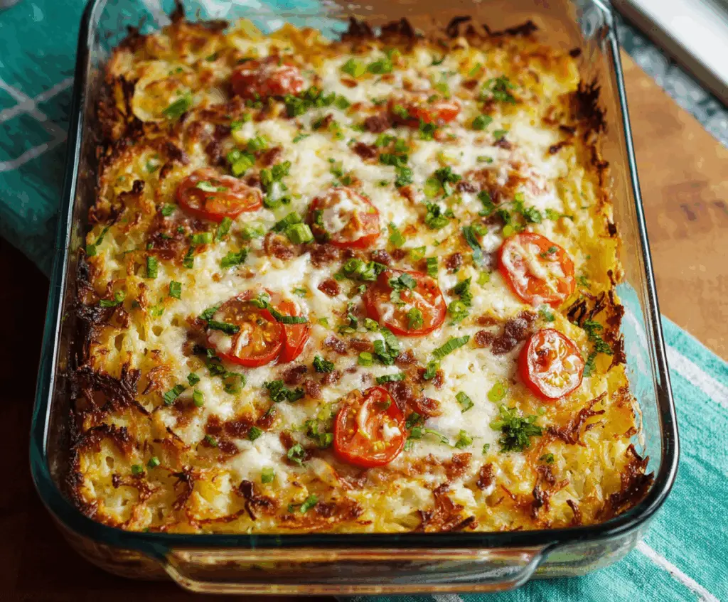 Delicious homemade hashbrown casserole with cheese and crispy topping ready for serving