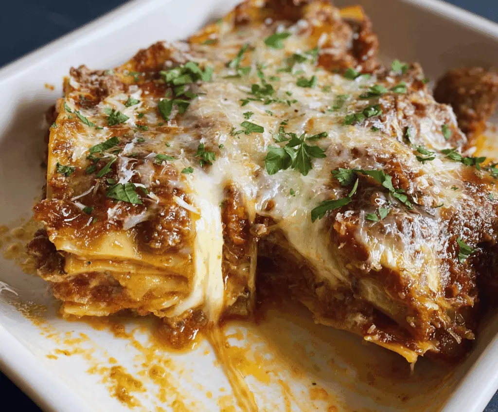 Delicious homemade lasagna with layers of cheese, rich tomato sauce, and pasta ready to serve.