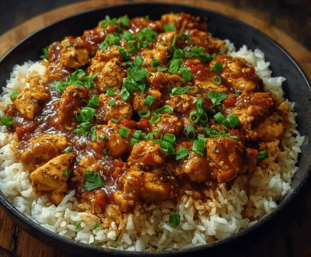 Delicious honey BBQ chicken served with fluffy rice on a plate.