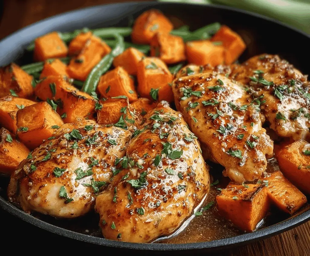 Delicious honey garlic chicken served with roasted sweet potatoes, perfect for a healthy dinner.