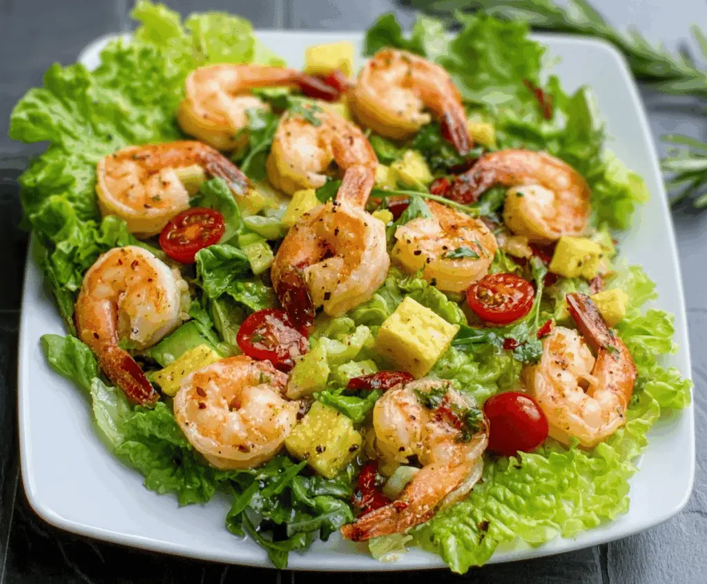 Fresh Italian Olive Oil Shrimp Salad with vibrant vegetables and lemon slices on a rustic plate.