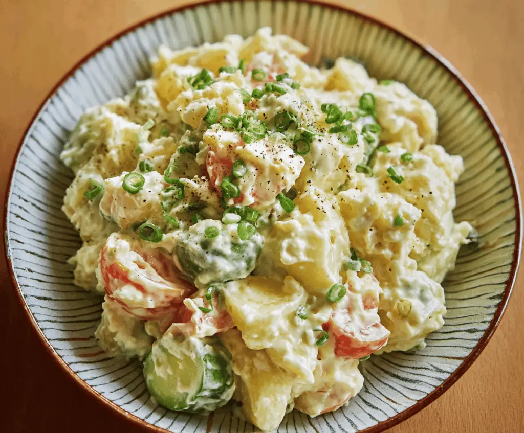 Creamy Japanese Potato Salad with fresh vegetables and mayonnaise