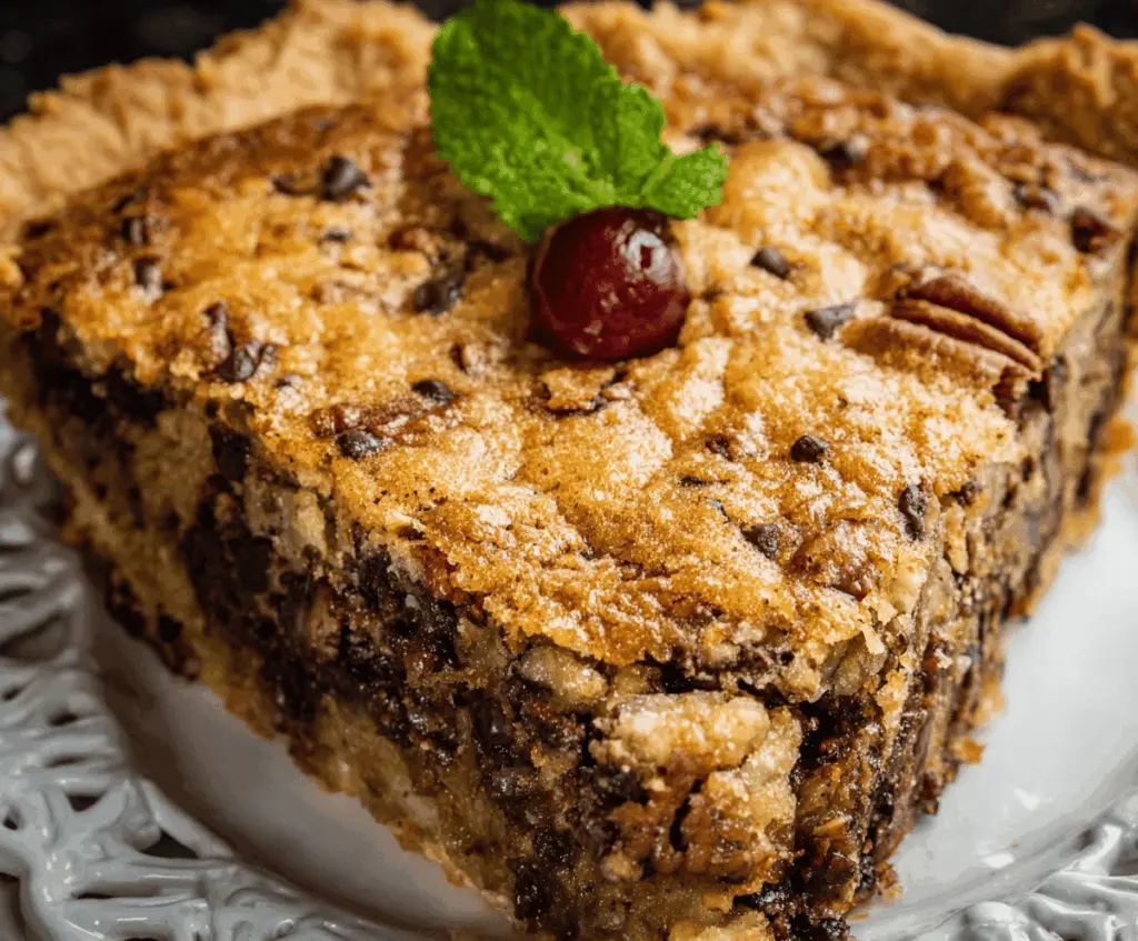 Delicious Kentucky Derby Pie topped with whipped cream and chocolate drizzle, served on a rustic wooden table.
