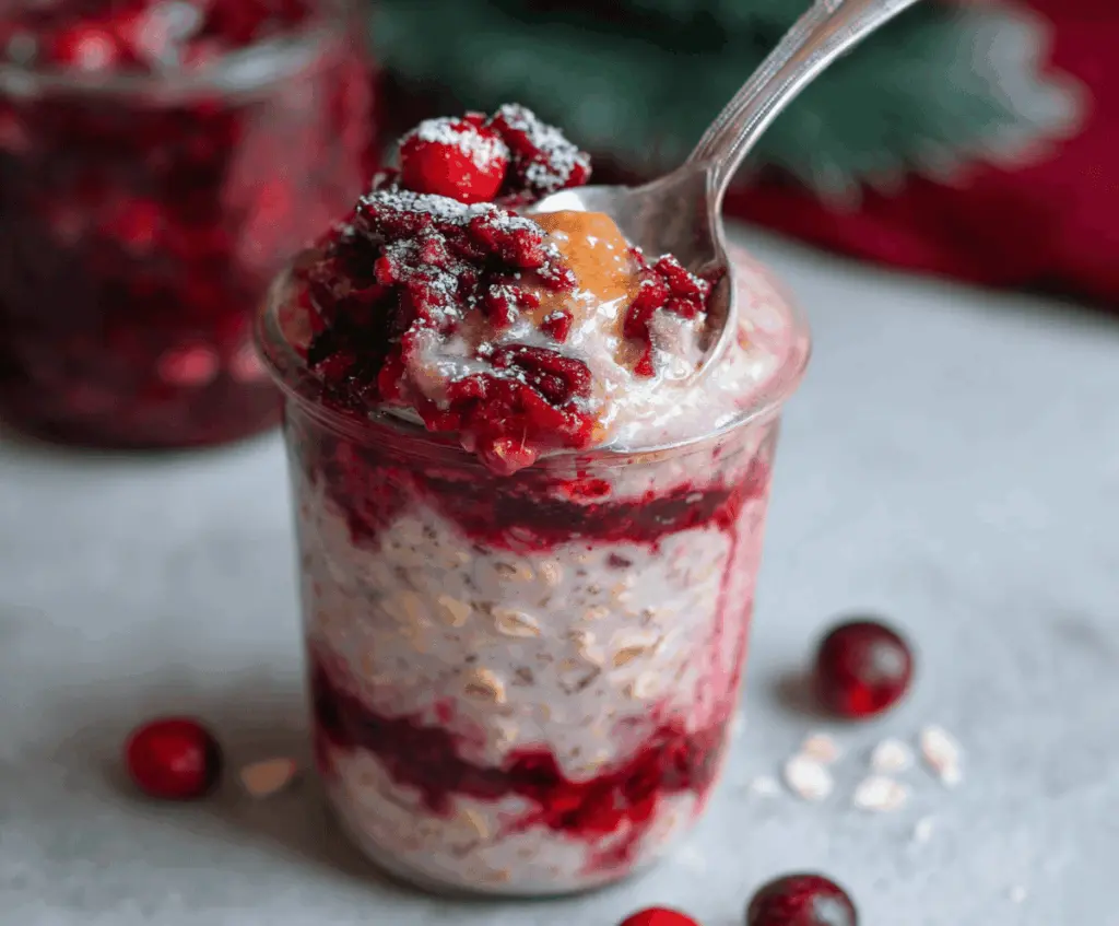 Juicy leftover cranberry sauce mixed into creamy overnight oats for a nutritious breakfast hack.
