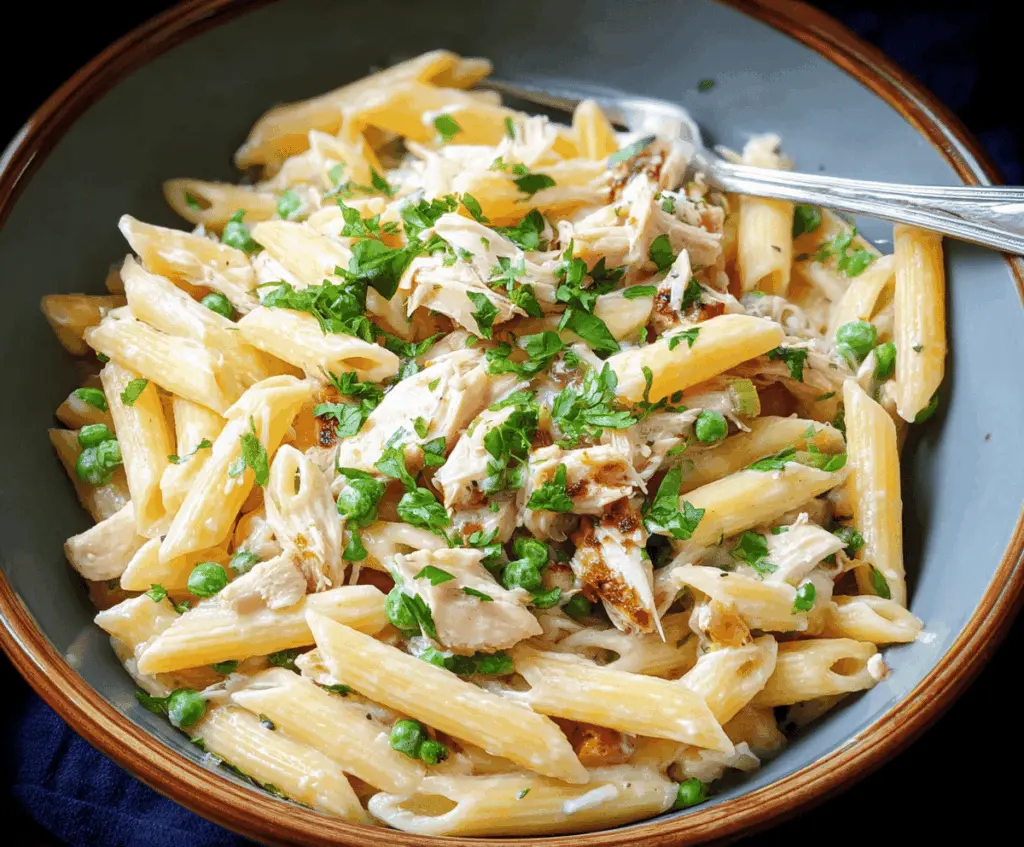 Delicious leftover Thanksgiving turkey pasta with herbs and vegetables in a rustic bowl